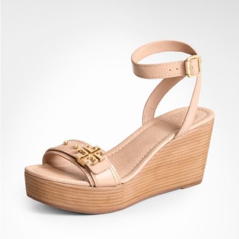 Wedge Ankle-Strap Sandal in Blush with Gold Accent